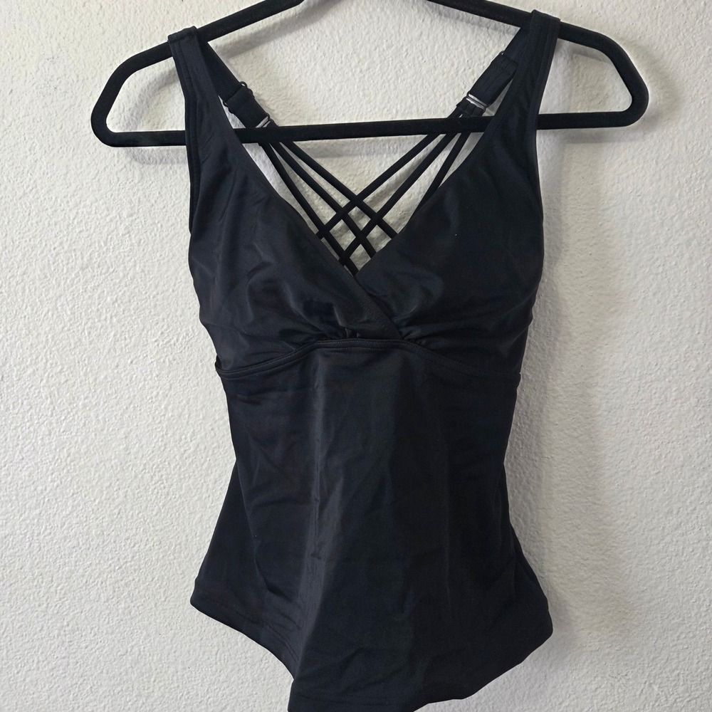 NWT Prana‎ Strappy Back Tankini Top Black V Neck D Cup 34D Small UPF 50